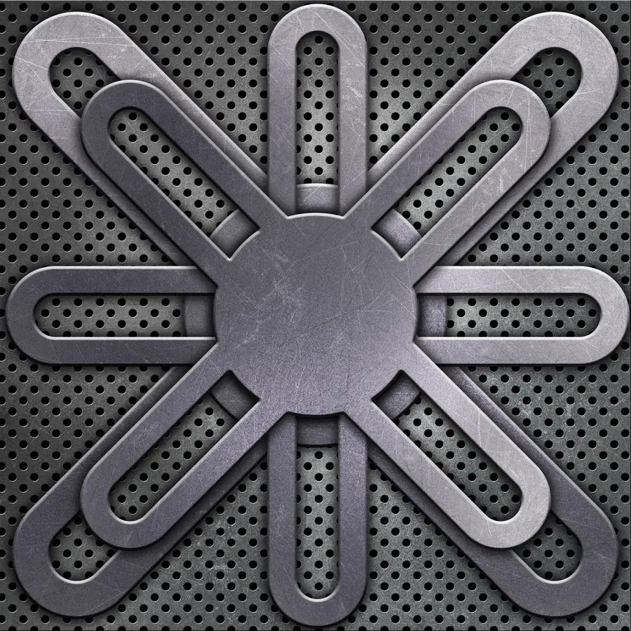 Tablă metalică perforată cu pattern decorativ — decupaje circulare și formă ornamentală suprapusă, finisaj industrial